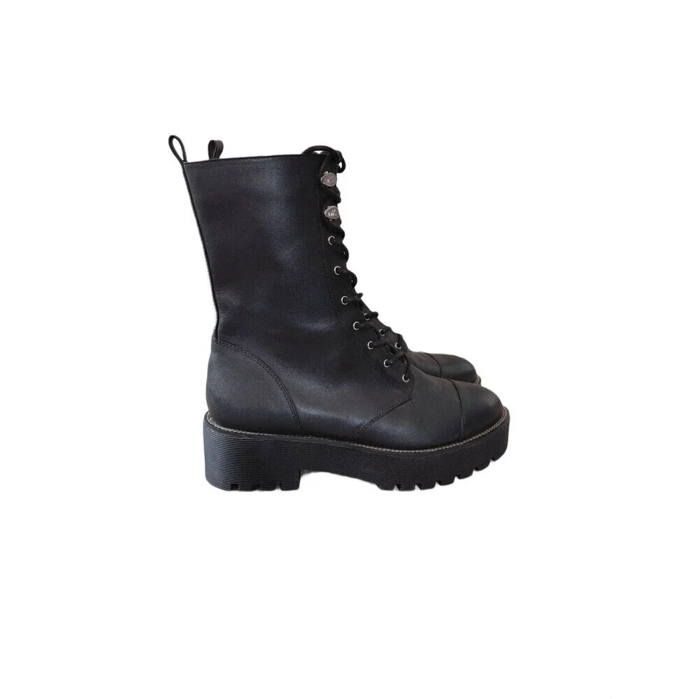 Michael Kors Black Tall Combat Boots Lug Sole Leather Lace Up Boots Women's Sz 6